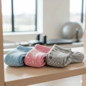 Three pairs of cute pilates socks neatly folded on a shelf, showing off various colors.