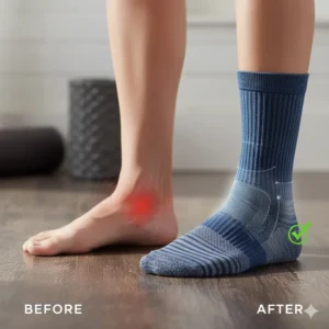 Conceptual illustration showing the contrast of a painful, inflamed foot before and a relieved, supported foot after wearing the socks.