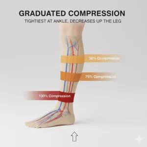 Diagram illustrating the graduated compression pressure, which is tightest at the ankle and loosens up the leg, a key feature of TED hose socks.