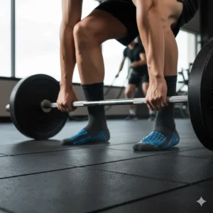 Illustration of a man lifting weights while wearing heavy-duty grip socks for maximum foot stability.
