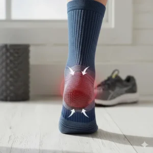 Detailed view of the extra heel cushioning in the socks, designed to absorb impact and reduce pain in the affected area.