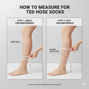 Step-by-step image guide on how to measure the calf and ankle circumference to ensure the correct size of TED hose socks is selected.