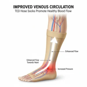 Simple medical illustration showing the veins and highlighting how TED hose socks help promote healthy venous circulation and prevent blood pooling.