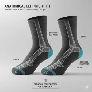 Graphic showing the anatomical left and right foot construction for a wrinkle-free, blister-preventing fit.