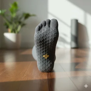 Close-up view of the signature honeycomb silicone grip pattern on the sole of Lucky Honey socks.