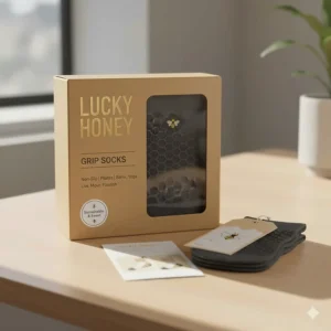 The branded packaging and labels for Lucky Honey grip socks, ideal for gifting.