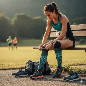 A marathon runner preparing for a race by putting on high-performance compression socks.