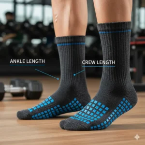 Comparison illustration of ankle-length and crew-cut grip socks for men.