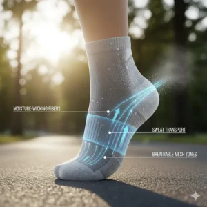 A diagram illustrating how moisture-wicking synthetic fibers pull sweat away from the skin in premium running socks.