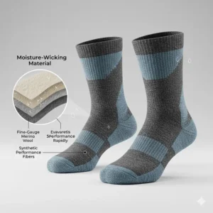 Diagram explaining the moisture-wicking properties of merino wool used in top-rated trail running socks.