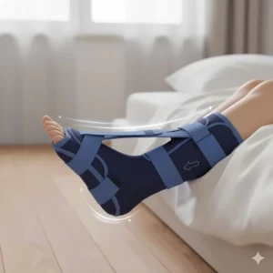 Image demonstrating the use of night splint socks for plantar fasciitis gently stretching the calf and foot while sleeping.