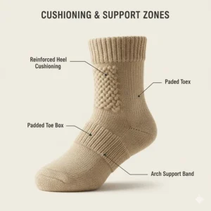 Illustration highlighting the reinforced heel and toe cushioning in heavy-duty cold weather socks.