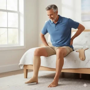 Image showing a person with limited flexibility (like back or hip pain) easily putting on a compression stocking with the aid, without bending over.