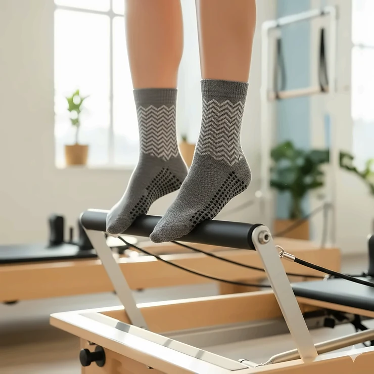A close-up shot of a person wearing pilates grippy socks while performing a reformer exercise, clearly showing the non-slip grip dots on the sole.