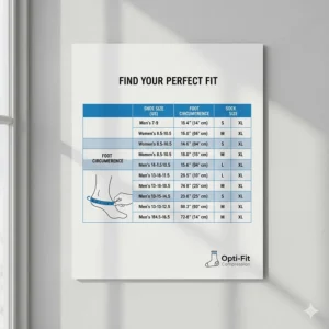 A clear sizing chart to help users select the correct size of plantar fasciitis compression socks for an optimal fit.