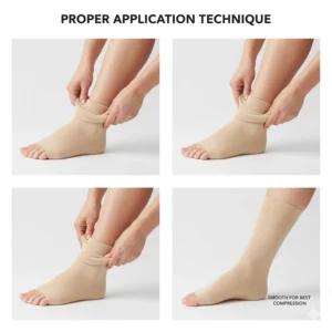 An instructional image or GIF demonstrating the proper technique for donning (putting on) TED hose socks to prevent wrinkles.