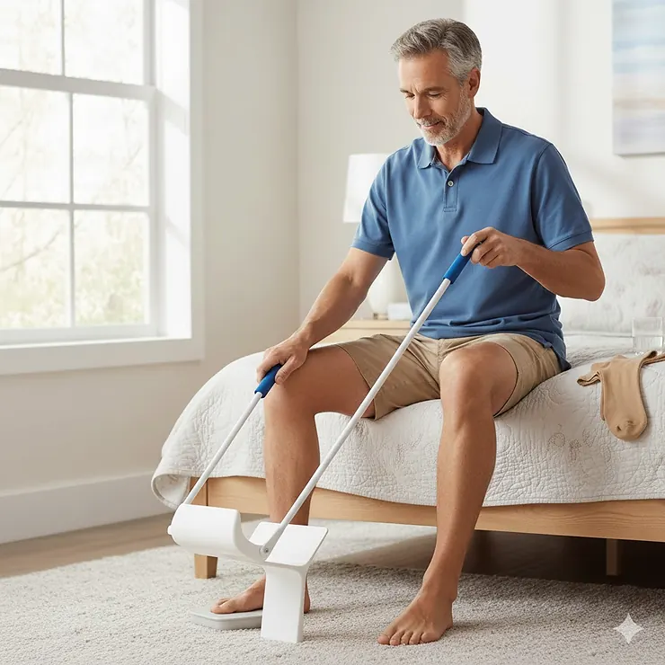 An illustration showing the user using the long handles to smoothly pull the sock aid and compression stocking past their ankle and heel.