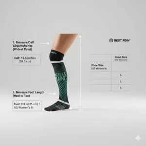 An illustrative guide on how to measure your calf for the best compression running socks fit.