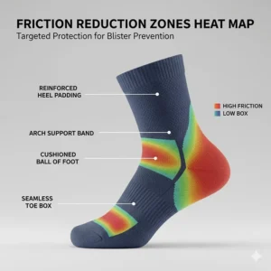 Heat map illustration showing reinforced friction zones on a running sock to protect high-impact areas.