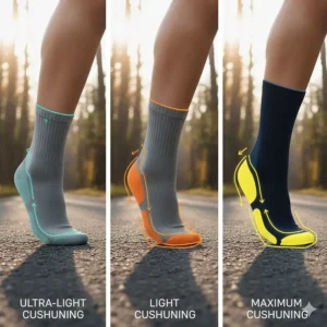 A visual guide comparing ultra-light, light, and maximum cushion options for the best running socks.