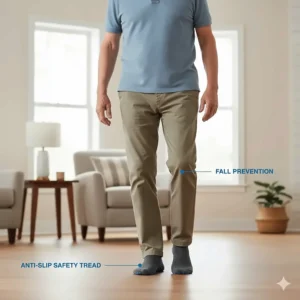 Illustration of non-slip grip socks for men used for safety and fall prevention on hardwood floors.