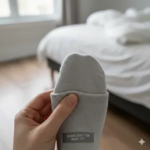Close-up showing the hand-linked seamless toe closure, which prevents irritation and blistering in socks for wide feet.