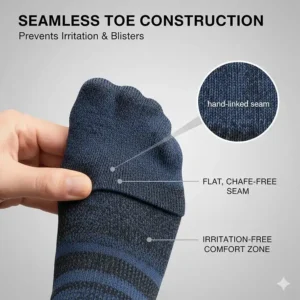 Close-up illustration of a hand-linked seamless toe box to prevent irritation and toe blisters.