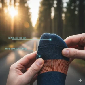 Close-up illustration of a hand-linked seamless toe box in top-rated running socks to reduce friction.