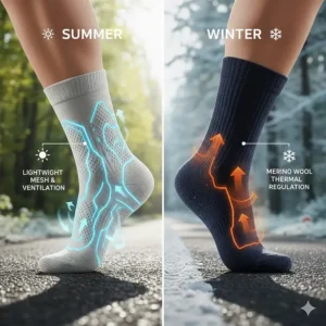 Graphic showing thin mesh panels for summer running socks versus merino wool insulation for winter running.