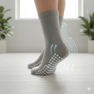 Illustration of the protective padded heel tab on Tavi socks to prevent slipping and blisters.