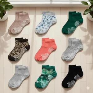 An array of Tavi socks featuring various colors, floral patterns, and glitter finishes.