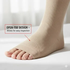 Close-up visual of the open-toe design often found on TED hose hosiery, which allows for easy toe inspection.