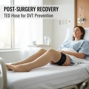Image showing TED hose socks being worn in a hospital or post-operative setting for DVT prevention after surgery.