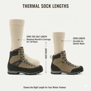 A comparison chart of crew-length and over-the-calf thermal socks for different winter boots.