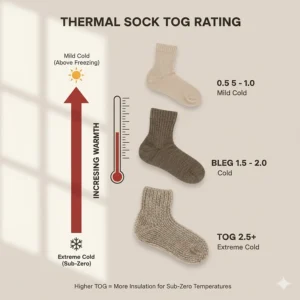 An infographic explaining TOG ratings for thermal socks to ensure warmth in sub-zero temperatures.
