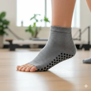 A side profile of someone's foot wearing toeless pilates grippy socks, allowing for natural toe spread and tactile feedback.