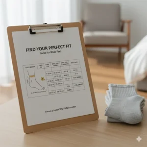 An infographic or sizing chart illustrating how to measure and select the correct size of specialized socks for wide feet.
