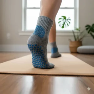 Man performing a yoga pose wearing specialized grip socks for better floor traction.