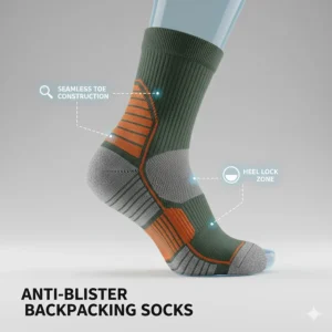 Illustration of seamless toe construction and heel locks to prevent blisters while backpacking.