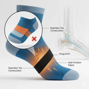 Illustration of seamless toe construction and snug arch fit to prevent running blisters.