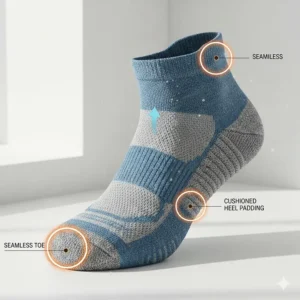 Illustration highlighting seamless toe construction and heel padding to prevent blisters while running.