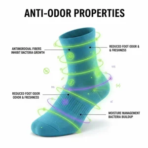 Graphic highlighting the antimicrobial properties of high-quality moisture wicking running socks.