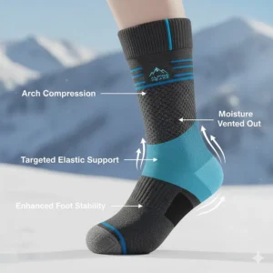 Technical illustration of the elastic arch support and compression zones in high-performance snowboard socks.