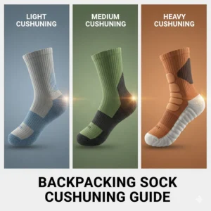 Diagram showing light, medium, and heavy cushioning levels in hiking socks.