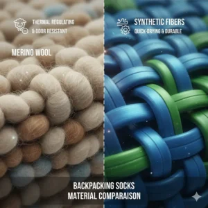 Illustration comparing merino wool and synthetic fibers for the best backpacking socks.