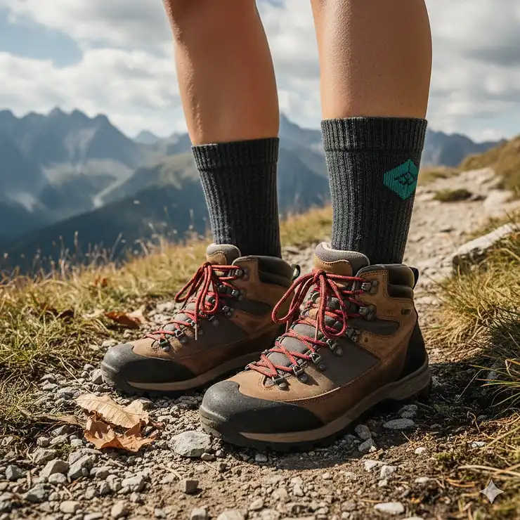 A pair of high-quality merino wool hiking socks worn with professional trekking boots on a mountain trail.