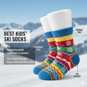 Colorful, thermal-insulated ski socks designed for children and junior skiers.