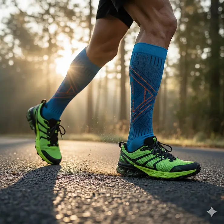 A close-up of a marathon runner wearing breathable lightweight running socks during a road race.
