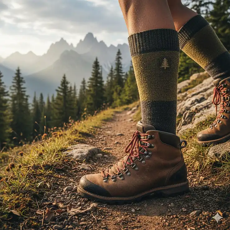 A pair of high-quality merino wool hiking socks worn with leather boots on a scenic mountain trail.