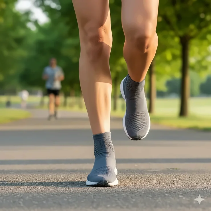 A runner wearing cushioned no-show running socks that stay up during a sprint on a paved trail. no show running socks that stay up